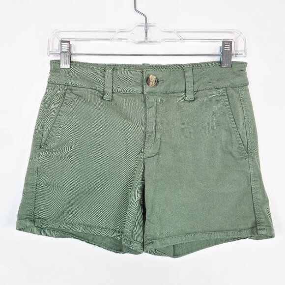 American Eagle Midi Stretch Twill Shorts Olive Green Casual Size 2 - Picture 1 of 11